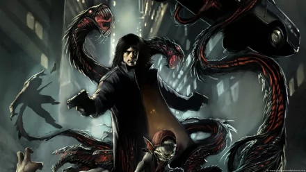 HD PC desktop wallpaper from The Darkness II video game featuring a dark, intense scene with a character surrounded by menacing, snake-like creatures.