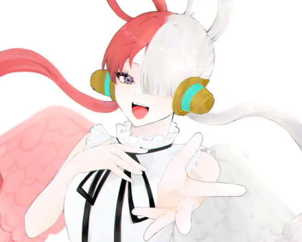 HD PC desktop wallpaper/background of Uta (One Piece), anime-style: close-up portrait with split red-and-white hair, teal headphones, angelic wings and playful smile toward viewer.
