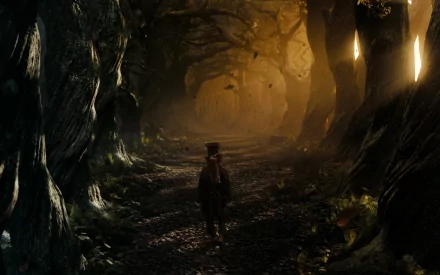 HD PC desktop wallpaper featuring a shadowy figure walking through an eerie forest scene from the 2010 movie Alice in Wonderland.