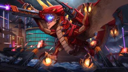 HD PC desktop wallpaper/background: a cyberpunk Sci‑Fi dragon in red armored mech-plating soars above a neon city, its glowing thrusters and weapons lighting the rainy skyline.