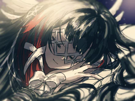 Close-up of Columbina (Genshin Impact), dark flowing hair and glasses, ribboned outfit and soft lighting — 5K Ultra HD PC desktop wallpaper/background, video game artwork.