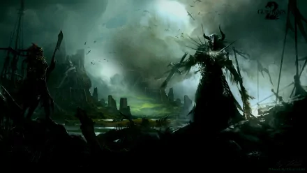 A dramatic HD wallpaper from Guild Wars 2, featuring a powerful warrior amidst a dark, chaotic landscape, embodying the intense atmosphere of the video game.