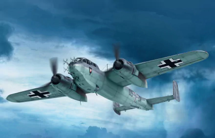 HD desktop wallpaper featuring a Luftwaffe Dornier Do 217 military aircraft flying through a cloudy sky.