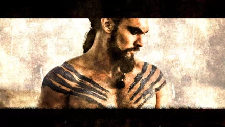 A striking HD wallpaper featuring Jason Momoa as Khal Drogo from Game of Thrones, showcasing his iconic tattoos and powerful presence against a textured background.