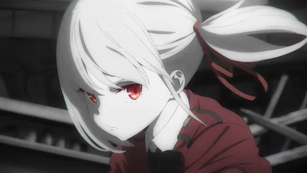 Close-up of Chisato Nishikigi from the anime Lycoris Recoil, featured in a 4K Ultra HD PC desktop wallpaper with striking red eyes and monochrome tones.