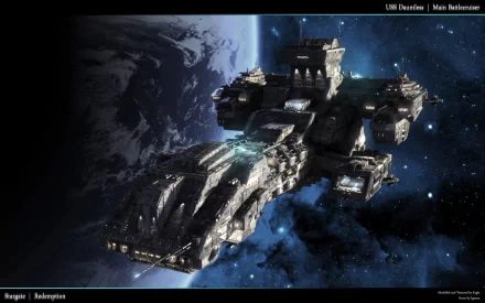 A stunning HD wallpaper from the TV show Stargate SG-1, featuring the USS Daedalus spacecraft set against a vibrant cosmic background.