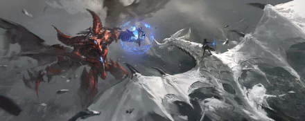 Anime Yu-Gi-Oh! 2K Quad HD PC wallpaper: duelists atop red and white dragons clash as a blue energy orb forms between them beneath stormy skies.