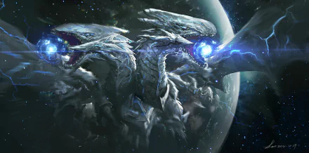 Anime Blue-Eyes White Dragon (Yu-Gi-Oh!) — colossal white-blue dragon with glowing energy orbs, cosmic planet backdrop; 4K Ultra HD PC desktop wallpaper and background.