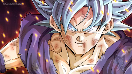 Close-up of Goku from Dragon Ball Super: Super Hero with silver hair, battle-worn gi and glowing embers — HD anime PC desktop wallpaper background.