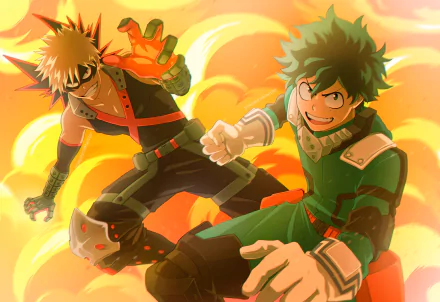Vibrant 2K Quad HD PC desktop wallpaper of Izuku Midoriya and Katsuki Bakugou from My Hero Academia, mid-action amid orange explosions with dynamic poses and fierce expressions.