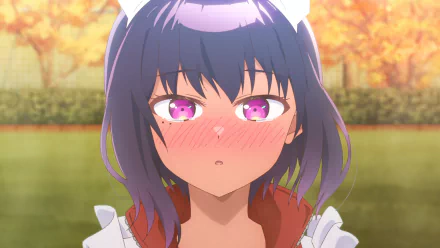 HD anime wallpaper of Lilith from My Recently Hired Maid Is Suspicious, featuring her with purple hair and pink eyes against a warm, autumnal outdoor background.