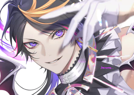 HD PC desktop wallpaper: anime-style Luxiem virtual YouTuber — smirking, purple-eyed character with black-and-gold hair, gloved hand framing their face, ornate collar and futuristic accents.