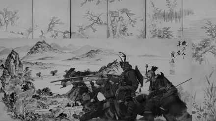 8K Ultra HD PC desktop wallpaper depicting a detailed black-and-white samurai scene with warriors in armor against a traditional landscape backdrop.