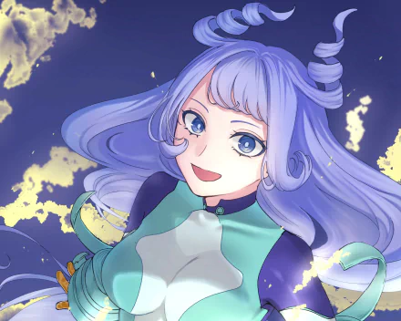HD PC desktop wallpaper featuring Nejire Hado from the anime My Hero Academia with flowing lavender hair and a cheerful expression.