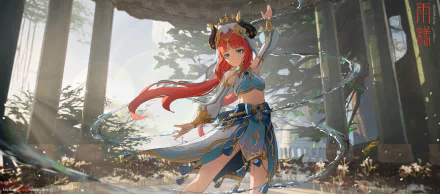 Nilou from the Genshin Impact video game, dancing with water ribbons amid sunlit ruins — 2K Quad HD PC desktop wallpaper/background.