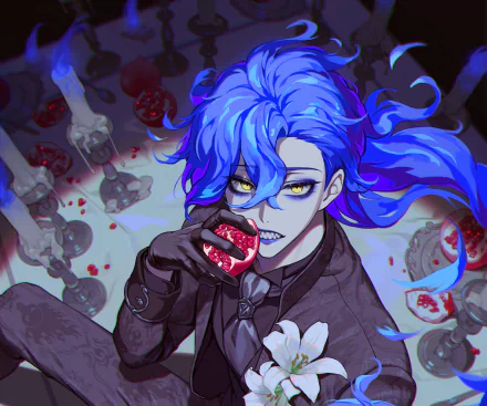 HD PC desktop wallpaper/background of Idia Shroud from the video game Twisted Wonderland — blue‑haired, yellow‑eyed figure biting a pomegranate amid skulls, chains, and eerie medical tools.