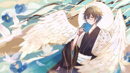 HD PC desktop wallpaper/background of Luxiem virtual YouTuber Ike Eveland in anime style — bespectacled figure in a kimono with large white wings against a blue-gold sky.