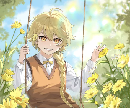 Aether from Genshin Impact smiles while swinging surrounded by yellow flowers in this vibrant HD PC desktop wallpaper.