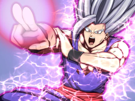 Gohan Beast (Gohan, Dragon Ball) with silver hair, shouting as purple electricity crackles around him — anime HD PC desktop wallpaper/background from Dragon Ball Super: Super Hero.