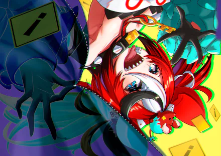 HD PC desktop wallpaper of Hakos Baelz (hololive), an anime virtual YouTuber with red hair and headgear, wide grin and sharp teeth, reaching gloved hands over a vivid, colorful background.