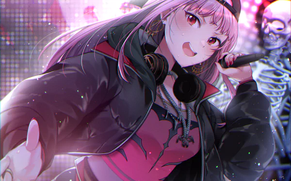 HD PC desktop wallpaper featuring Mori Calliope from hololive as an anime-style Virtual YouTuber, holding a microphone with a vibrant, dynamic backdrop.