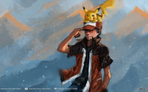 HD desktop wallpaper of Pokémon Red & Green, featuring a character with Pikachu on their hat against a mountain backdrop. Inspired by Pokémon Red and Blue, with an anime style.