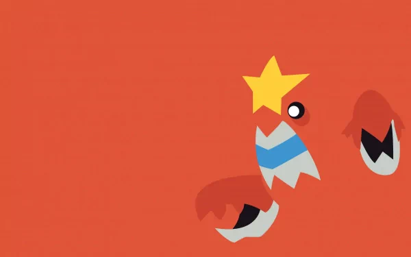 Minimalist HD PC desktop wallpaper of Crawdaunt (Water Pokémon) in anime style, showing its star-shaped crest and large claws against a flat orange background.