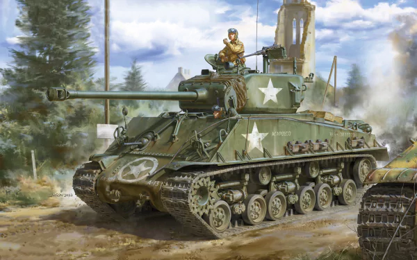 M4 Sherman tank and crew moving through a forested village amid smoke and ruins, military 4K Ultra HD PC desktop wallpaper