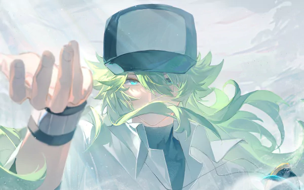 N from Pokémon: Black and White reaching out with flowing green hair and cap, stylized video game 2K Quad HD PC desktop wallpaper with soft pastel tones.