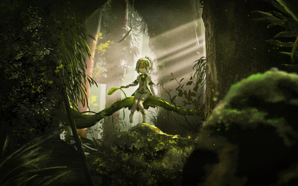 HD PC desktop wallpaper of Lesser Lord Kusanali, also known as Nahida from Genshin Impact, sitting on a branch in a sunlit, lush forest environment.