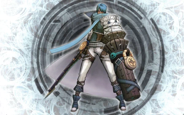 Ovan from .hack//Roots shown from behind with staff, bulky gauntlet and flowing blue scarf before a circular tech sigil — HD PC desktop wallpaper background