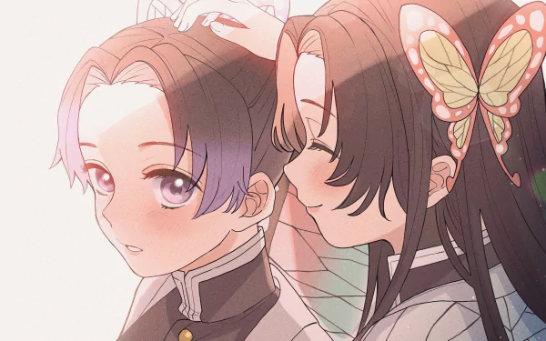 HD anime wallpaper featuring Shinobu Kocho and Kanae Kocho from Demon Slayer: Kimetsu no Yaiba in a close, gentle moment.