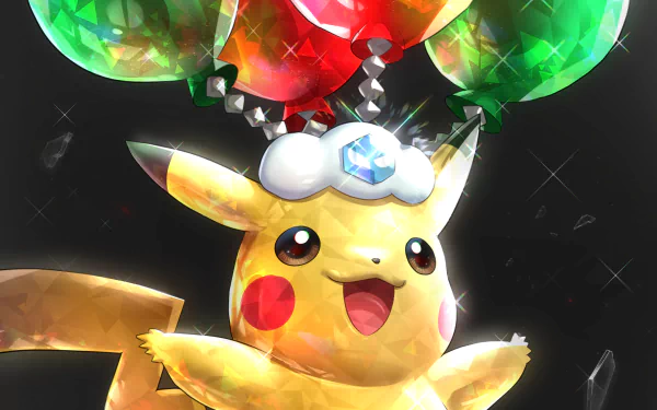 HD PC desktop wallpaper featuring Pikachu from Pokémon: Scarlet and Violet with colorful balloons and a festive hat.