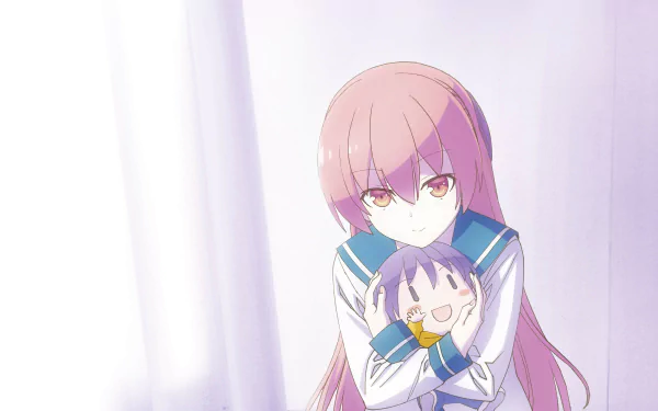 Tsukasa Yuzaki (TONIKAWA) bathed in soft pastel light, hugging a Nasa plush — 4K Ultra HD anime PC desktop wallpaper/background.