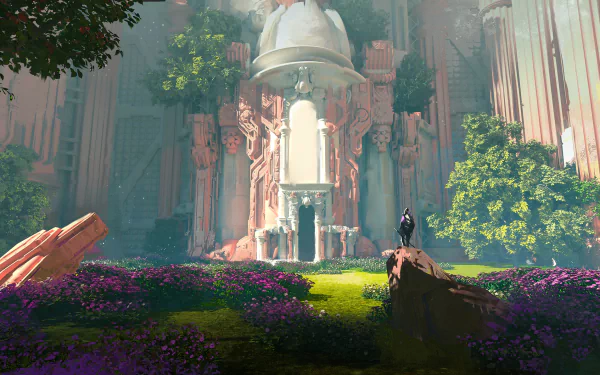 Fantasy temple bathed in soft light, surrounded by lush greenery and vibrant purple flowers, rendered in HD for a stunning PC desktop wallpaper and background.