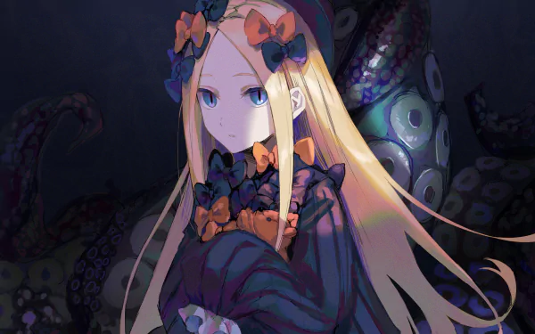 Abigail Williams (Foreigner, Fate/Grand Order) anime portrait: pale girl with long blonde hair and ribboned dress, shadowy tentacles behind her — 4K Ultra HD PC desktop wallpaper.