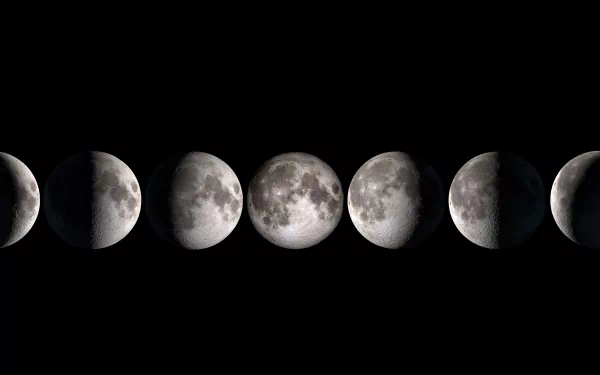 8K Ultra HD PC desktop wallpaper showing the moon’s phases in a detailed sequence against a black background, highlighting nature’s celestial cycle.