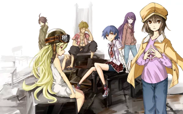 A vibrant HD desktop wallpaper featuring characters from the Monogatari series, including Nadeko Sengoku, Hitagi Senjōgahara, Suruga Kanbaru, Meme Oshino, Shinobu Oshino, and Koyomi Araragi.
