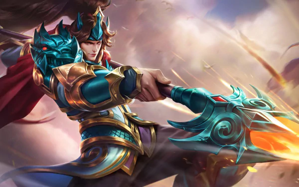 Mobile Legends: Bang Bang warrior in gold-and-teal armor hurling a flaming spear across a stormy sky — 2K Quad HD PC desktop wallpaper/background.