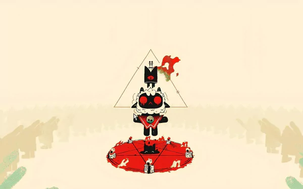 4K Ultra HD Cult of the Lamb video game wallpaper featuring a stylized ritual scene with a lamb character at the center of a red pentagram on a minimalist background.
