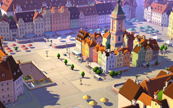 High-definition desktop wallpaper of Two Point Campus game featuring a vibrant animated university town with colorful buildings and a central square.