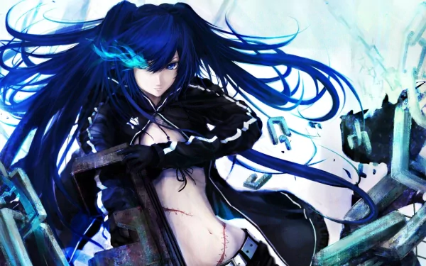 A dynamic HD desktop wallpaper featuring Black Rock Shooter, showcasing a fierce character with long blue hair and striking attire, set against an intense background.