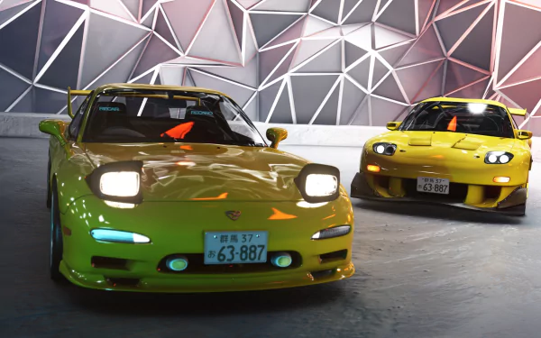 HD PC desktop wallpaper: two Mazda RX-7s in an Initial D–inspired video game scene rendered in Assetto Corsa, neon-lit garage, pop-up headlights and Japanese license plates.