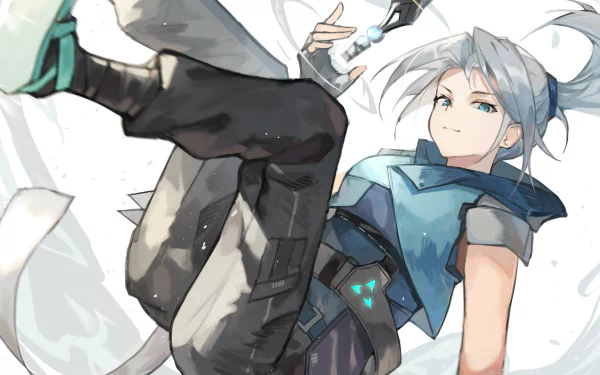 4K Ultra HD PC wallpaper featuring Jett, a character from the video game Valorant, in dynamic pose with her signature outfit and wind-themed abilities.