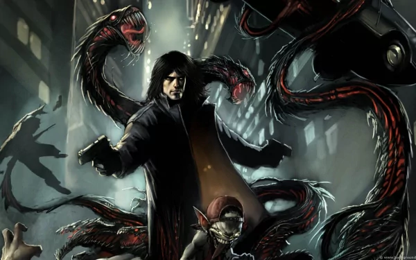 HD PC desktop wallpaper from The Darkness II video game featuring a dark, intense scene with a character surrounded by menacing, snake-like creatures.
