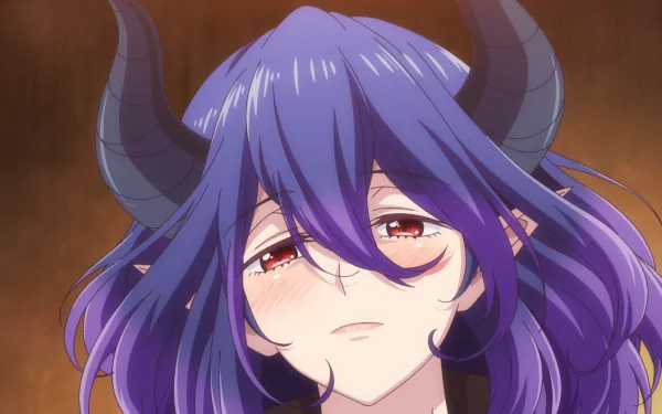 Close-up of Vermeil from Kinsou no Vermeil anime with flowing purple hair and curved horns, featured in an HD PC desktop wallpaper titled Vermeil in Gold.