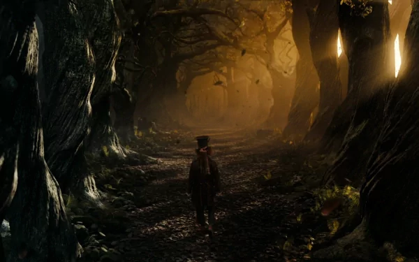 HD PC desktop wallpaper featuring a shadowy figure walking through an eerie forest scene from the 2010 movie Alice in Wonderland.