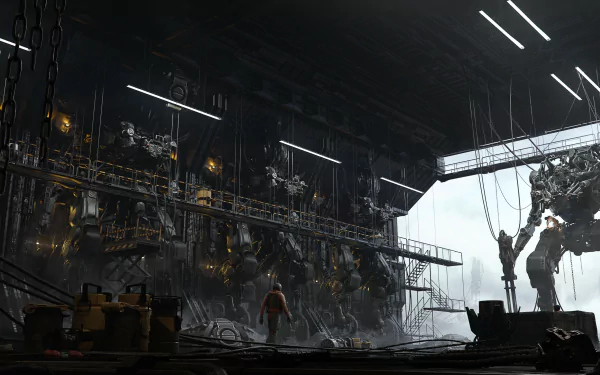 Sci‑fi mech hangar with towering battle robots suspended and a lone technician under stark lights; dramatic backlit opening — 2K Quad HD PC desktop wallpaper/background.