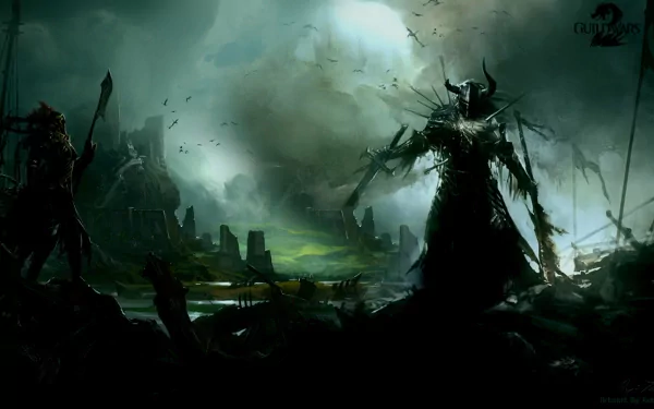 A dramatic HD wallpaper from Guild Wars 2, featuring a powerful warrior amidst a dark, chaotic landscape, embodying the intense atmosphere of the video game.