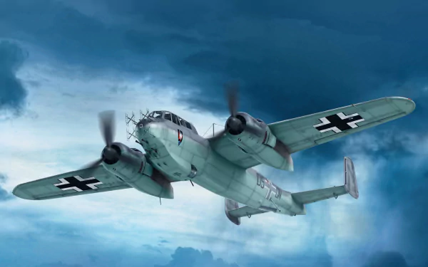 HD desktop wallpaper featuring a Luftwaffe Dornier Do 217 military aircraft flying through a cloudy sky.